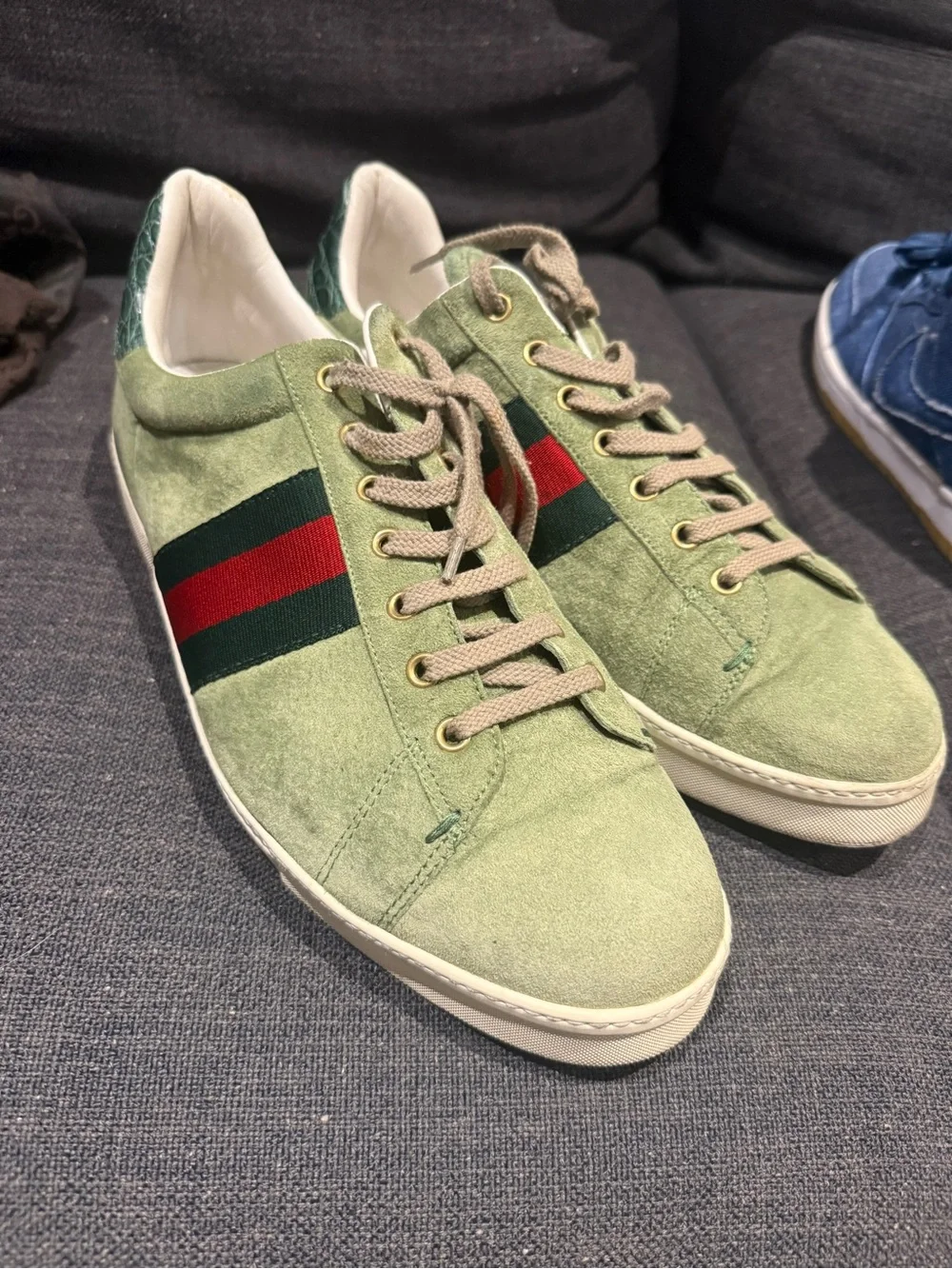 Gucci Green Suede Ace Sneakers with Red & Dark Green Stripe